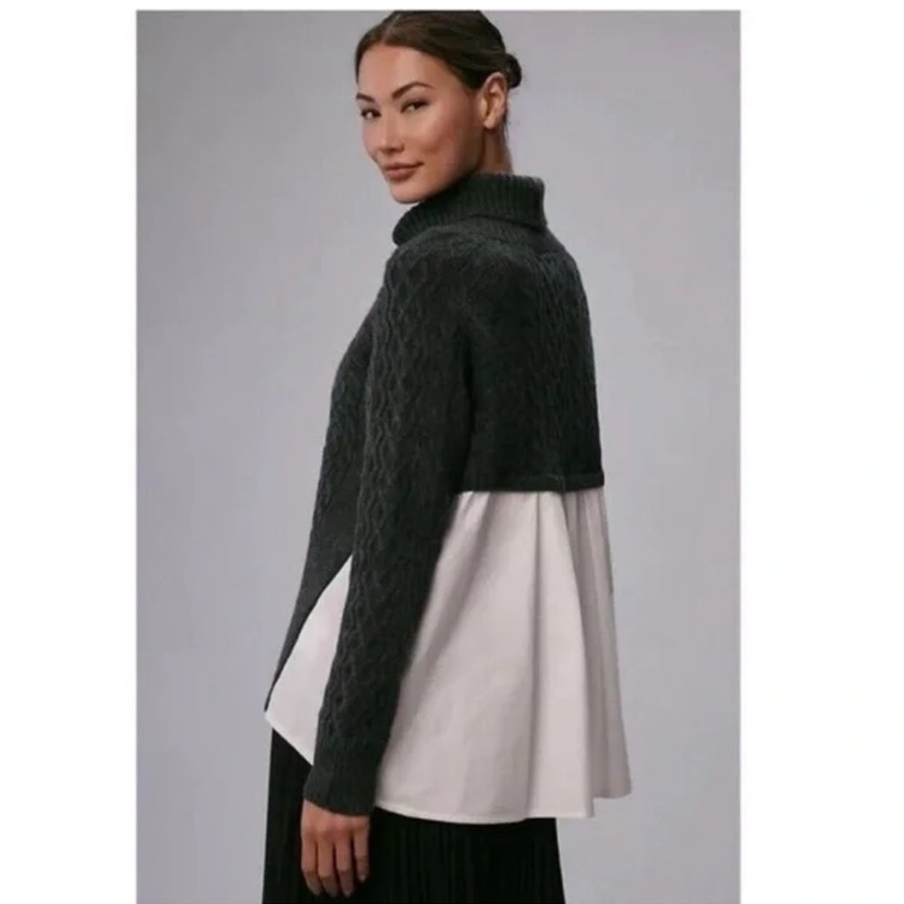 Anthropologie dark gray cable knit sweater with cream back panel - Picture 3 of 7